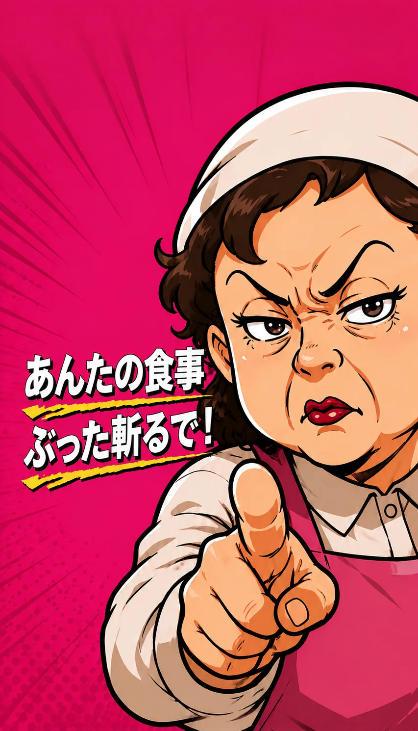 給食のおばちゃんが指をさして「あんたの食事、ぶった斬るで！」と言っているイラスト